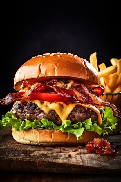 A hamburger with bacon and cheese on a wooden table