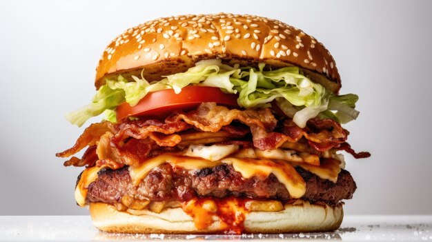 a hamburger with bacon and lettuce