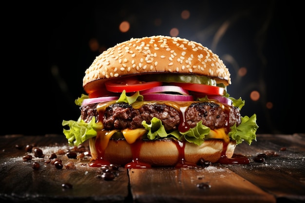 Hamburger with beef meat burger and fresh vegetables on dark surface