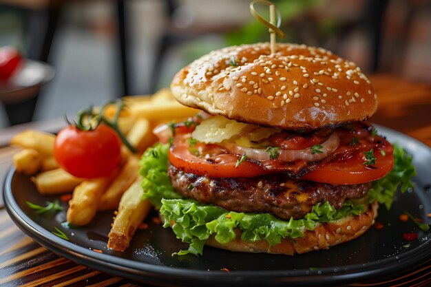 Гамбургер с говядиной, сыром и овощами на столе.