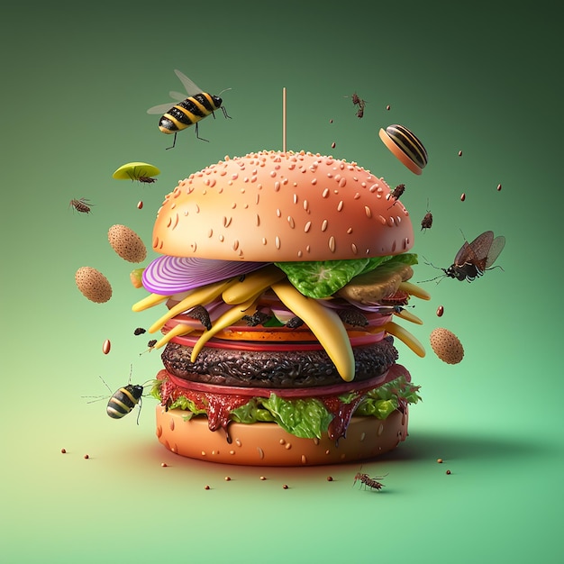 a hamburger with bees flying around it and a beehive on the top.