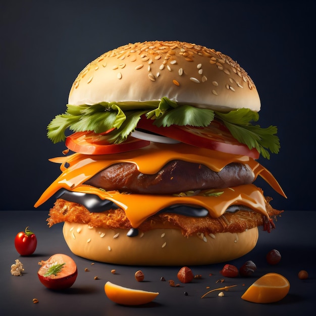 A hamburger with a black background and a bunch of tomatoes on it