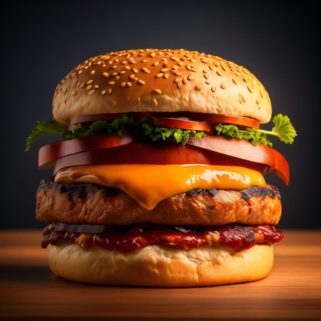 A hamburger with a black background and a dark background.
