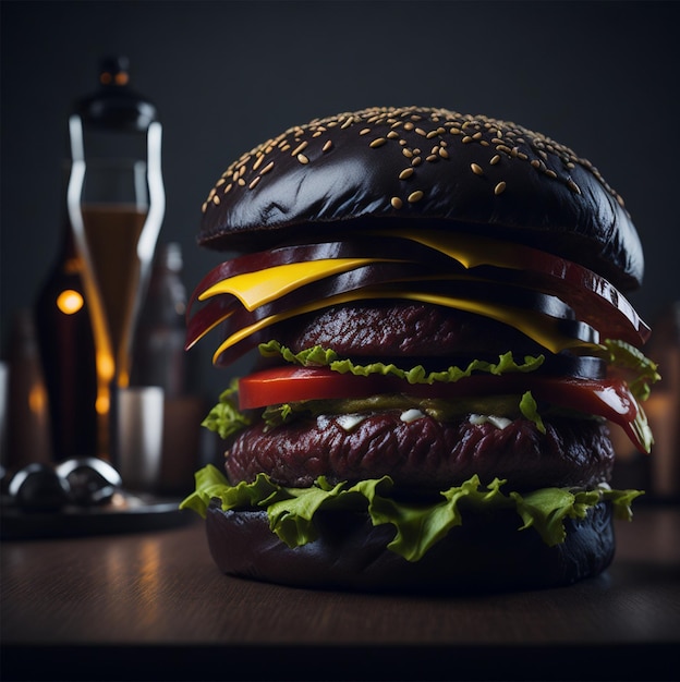 A hamburger with a black bun and tomato slices on it.