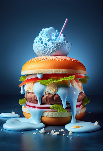A hamburger with blue icing on it and a blue background