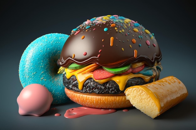 A hamburger with a blue icing that is covered in chocolate.