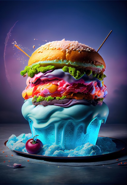 A hamburger with a blue light that is on a plate