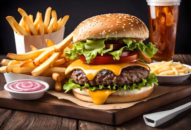 a hamburger with a bottle of beer next to a pile of fries