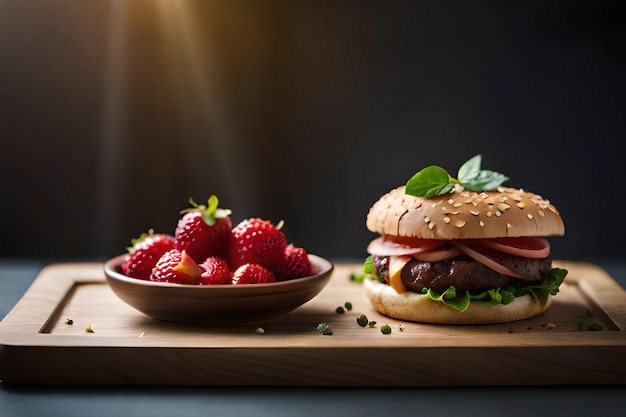 A hamburger with a bowl of strawberries on a wooden board