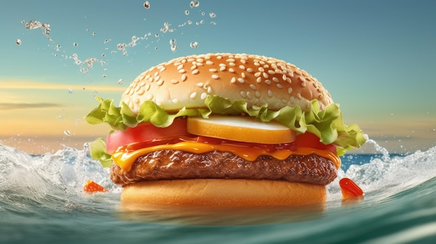 A hamburger with a bubble of water and a burger with the words " burger " on it.