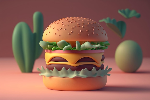 A hamburger with a bun and a cacti on the top