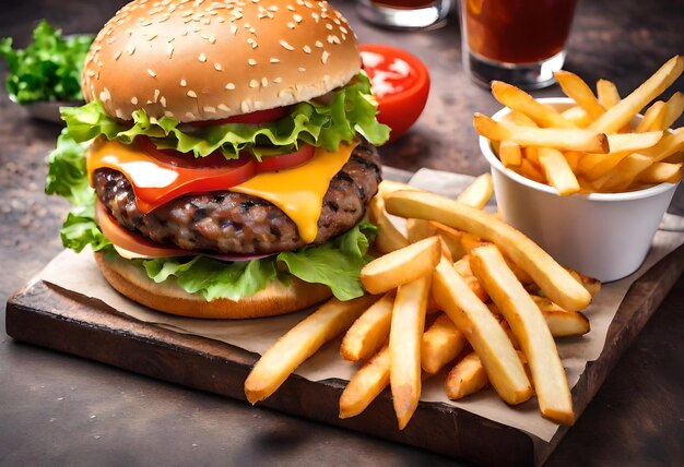 a hamburger with a bun and fries on a table