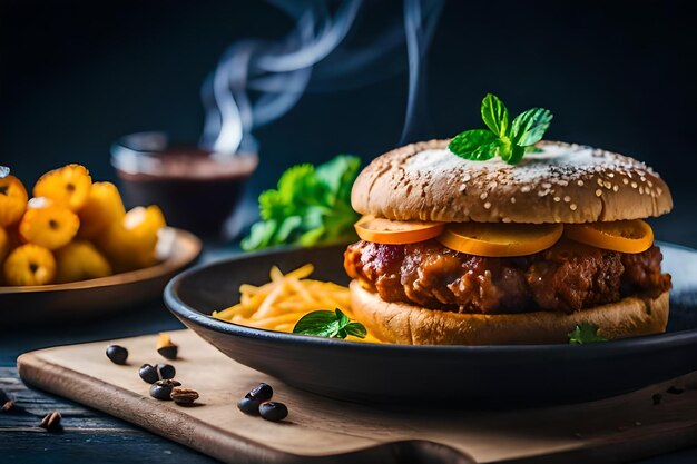 Foto un hamburger con un panino e delle patatine fritte su un tavolo