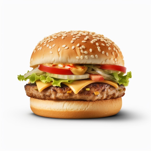 A hamburger with a bun and lettuce, tomato, and lettuce on it.