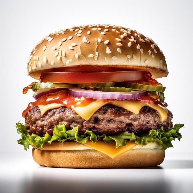 A hamburger with a bun and lettuce, tomato, and onion on it.