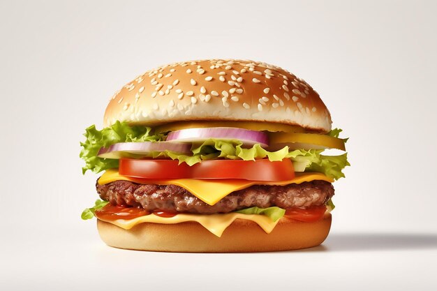 A hamburger with a bun and lettuce tomato and onion