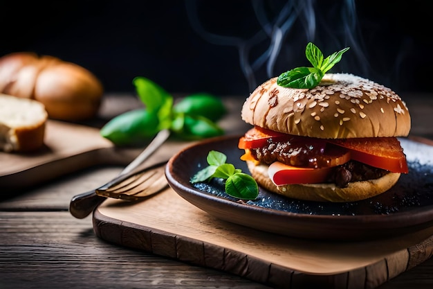 a hamburger with a bun on the plate and a knife on the table.