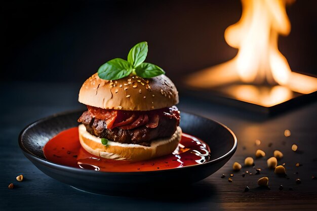 a hamburger with a bun and sauce on the table.