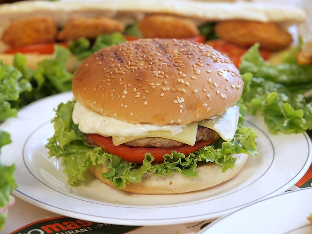 A hamburger with a bun and tomato on it