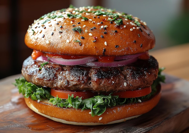 Photo a hamburger with a bun and tomatoes on it