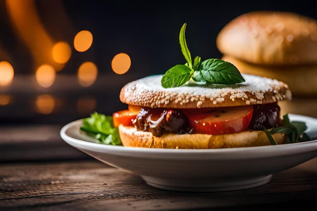 A hamburger with a bun and tomatoes on a plate