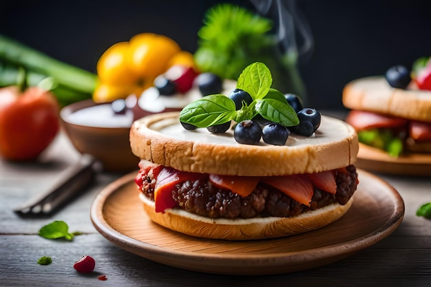 A hamburger with a bunch of blueberries on it