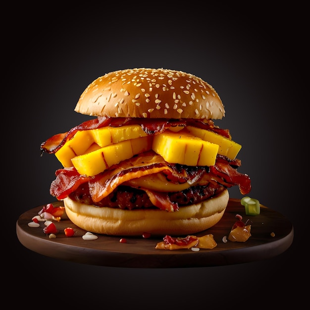 A hamburger with a bunch of pineapple on it round wood dark background