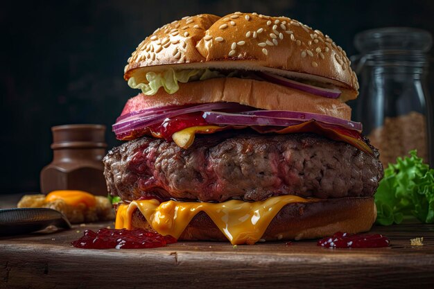 Photo a hamburger with a burger on it and a bottle of ketchup on the side.