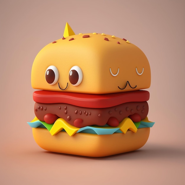 A hamburger with a cartoon face and eyes on it