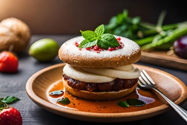 Photo a hamburger with cheese and avocado on a plate