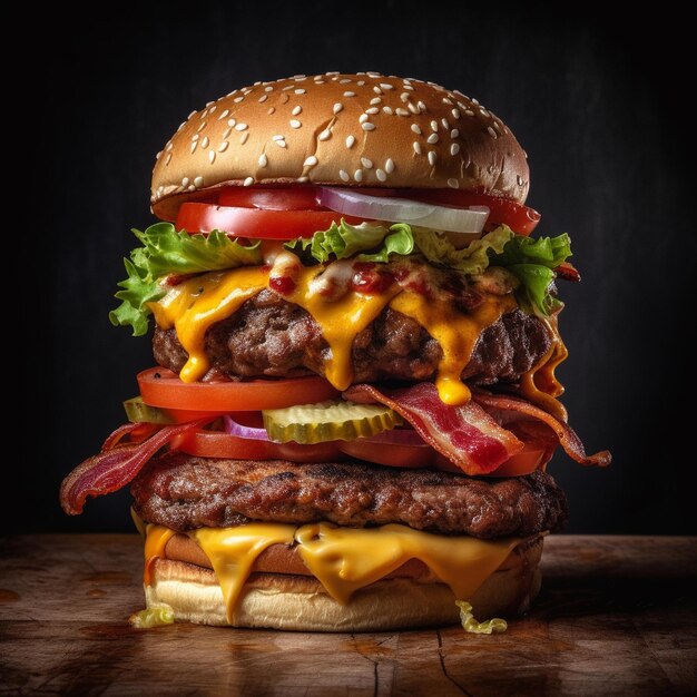 Premium AI Image | A hamburger with cheese and bacon on it is on a