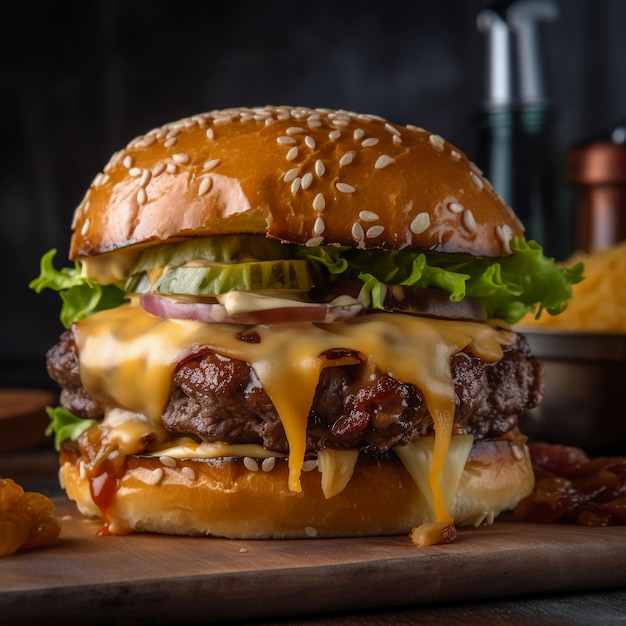 A hamburger with cheese and bacon on it