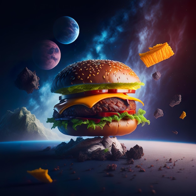 A hamburger with cheese and a blue planet in the background.