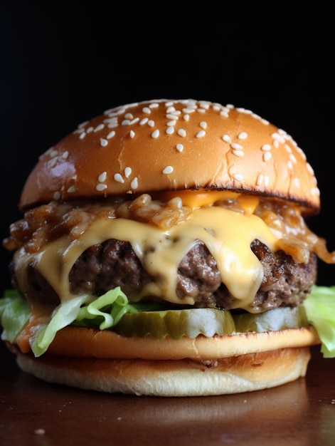 Hamburger with cheese close up of cheeseburger on black background