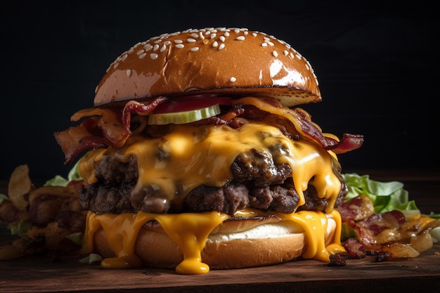 Hamburger with cheese close up of cheeseburger on black background