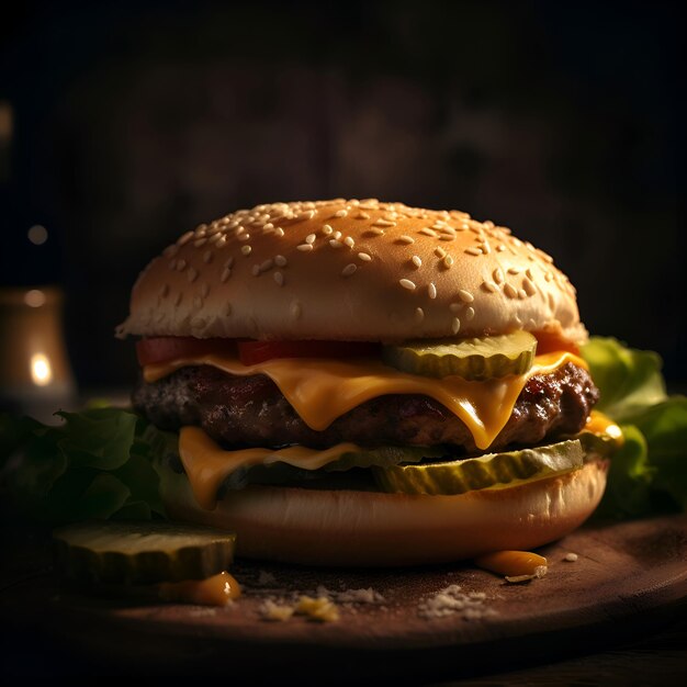 Hamburger with cheese and cucumber on a dark background