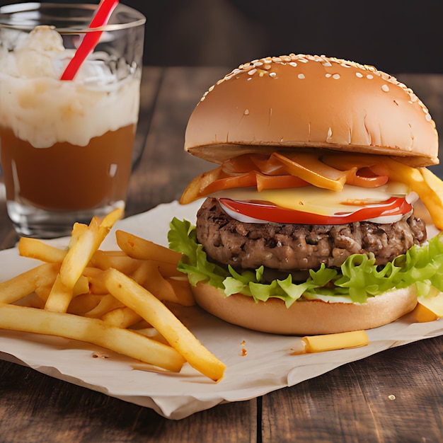 a hamburger with cheese and a drink next to it