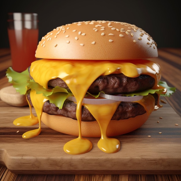 A hamburger with cheese drippings and a glass of beer on a wooden table.