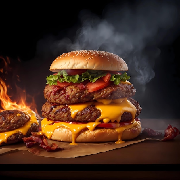 Photo a hamburger with cheese and a fire behind it