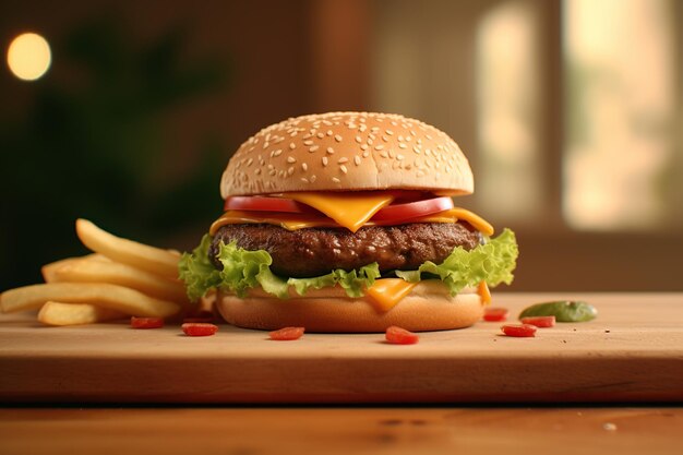 Hamburger with cheese and fried potatoes on a wooden table