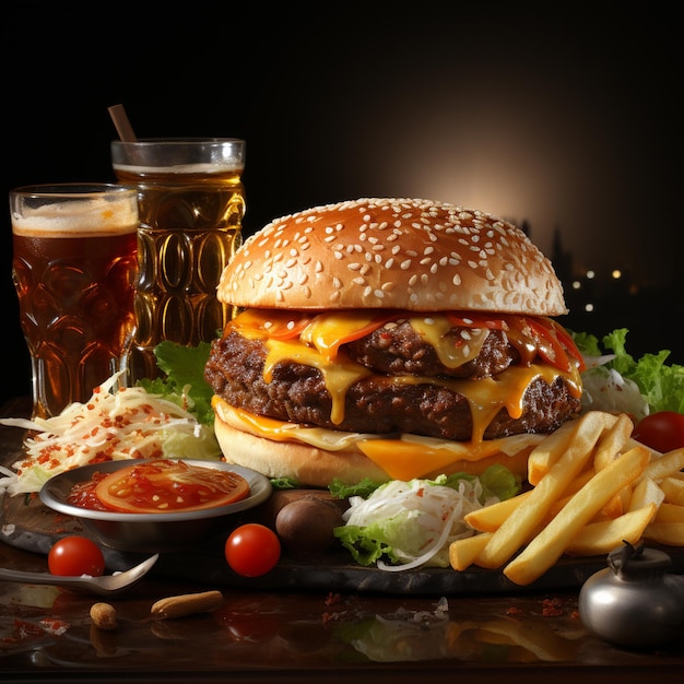 A hamburger with cheese and fries next to a cup of beer.