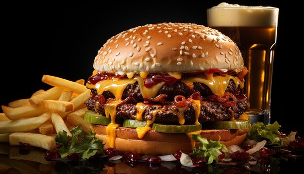 Photo a hamburger with cheese and fries on a table