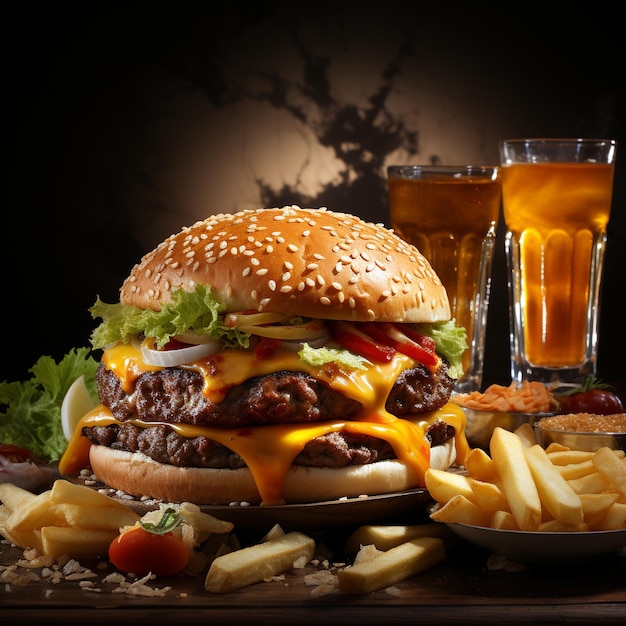 A hamburger with cheese and fries on a tray with a glass of beer.