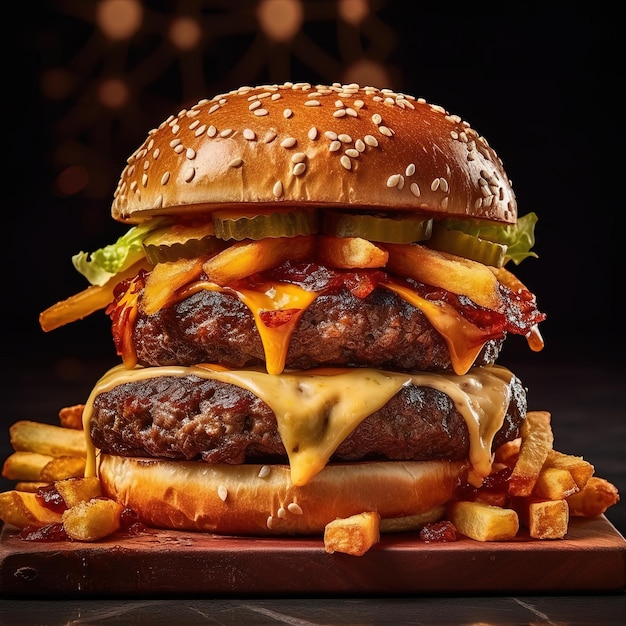 A hamburger with cheese and fries on a wooden board