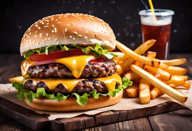 a hamburger with cheese and fries on a wooden table