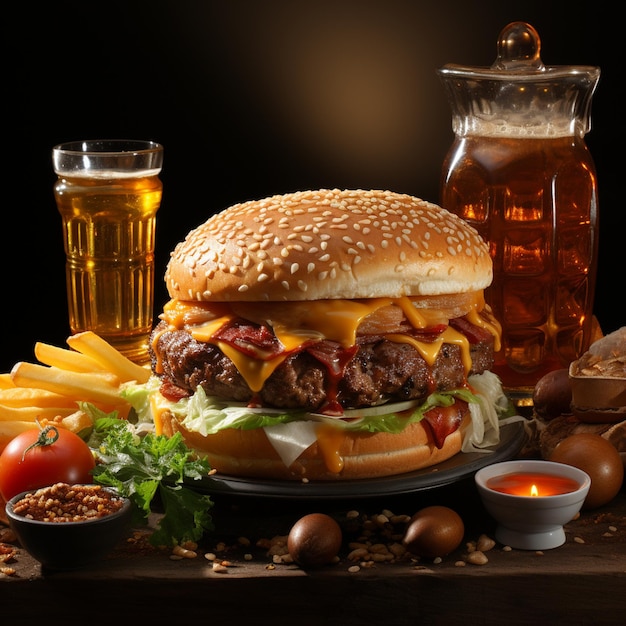 A hamburger with cheese and a glass of beer next to it.