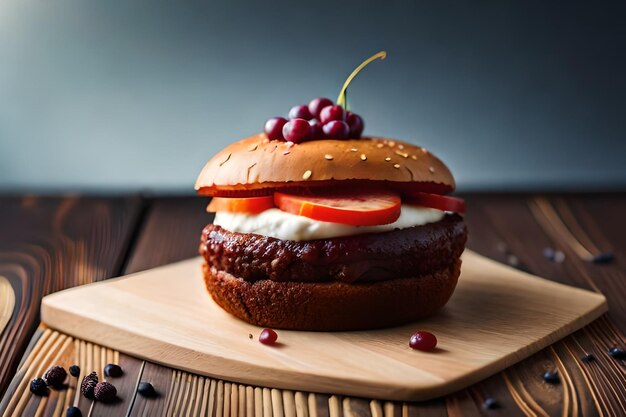 Photo a hamburger with cheese and grapes on a wooden board