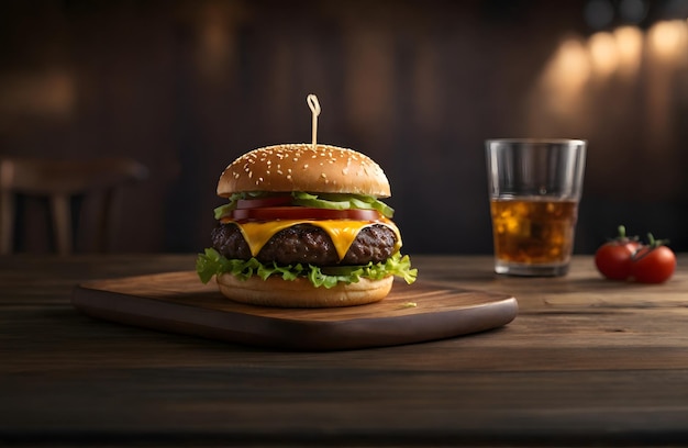 a hamburger with cheese and a half full glass of beer