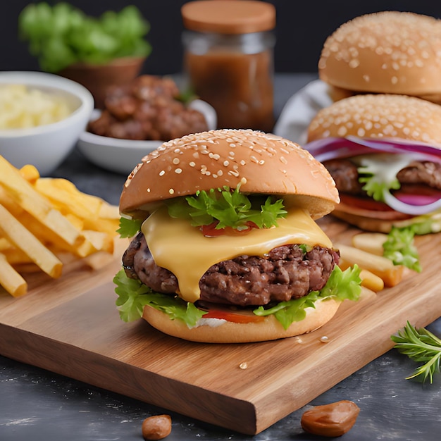a hamburger with cheese and a hamburger on a cutting board