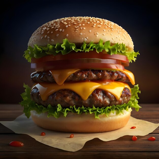 Photo a hamburger with cheese and a hamburger on it